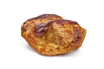 Baked pork roast, spicy glazed meat, isolated on white background. High resolution image.