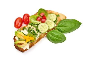 Crostini with various toppings, isolated on white background. High resolution image.