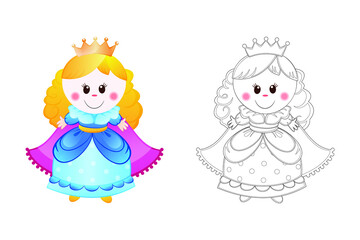 Colorin page with princess in cartoon style on white background. Vector illustration.