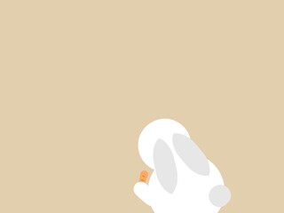 Illustration of a white rabbit with a carrot on a light brown background.