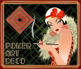 Diamonds poker card with sexy girl art deco style, vector illustration