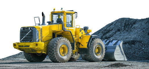 Yellow wheeled loader or excavator on front of pile of gravel isolated on white background