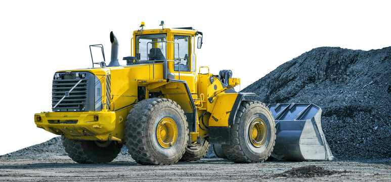 Yellow Wheeled Loader Or Excavator On Front Of Pile Of Gravel Isolated On White Background