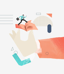 Contemporary art collage. Businessman running on open book symbolizing professional knowledge and competence