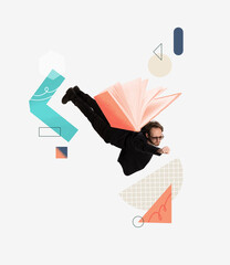 Contemporary art collage. Man flying like superhero with book symbolizing parachute backpack