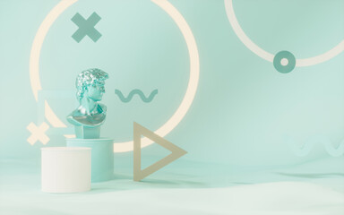 Pastel blue geometric with podium background. Fluid shapes composition.Cool Greek Apollo Head. Abstract 3d rendering of geometric shapes. Concept for poster, cover, branding, banner, placard.
