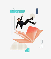 Contemporary art collage. Man falling down into on giant open book symbolizing interesting and...