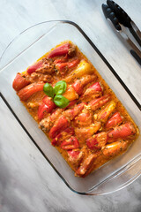 Stuffed mini bell peppers with meet, hot delicious home made dish. Top view