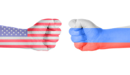 USA vs russia conflict symbolized by two fists painted with flags