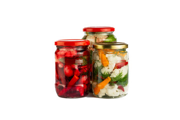 Fototapeta na wymiar Cauliflower pickle with beetroot, marinated cauliflower pickles in jars on white isolated background.
