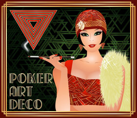 Hearts poker card with sexual girl art deco style, vector illustration