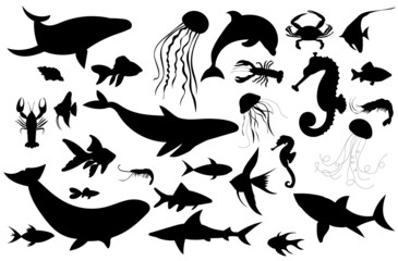 set of fish, jellyfish black silhouette, isolated vector