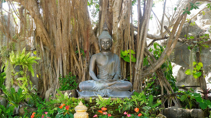 Buddha statue among green tropical trees and banyan tree on territory of White Temple or Wat Rong Khun, Chiangrai, Thailand. Buddhism religion in Asia, Thai