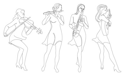 Fototapeta na wymiar Collection. Silhouette of woman with guitar, violin, saxophone flute in modern continuous line style. Beautiful girl. Aesthetic decor sketches, posters, stickers, logo. Set of vector illustrations.