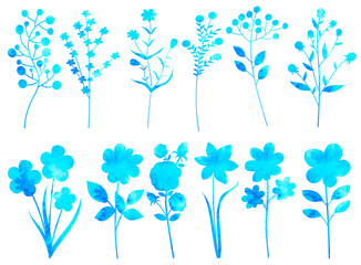 set of flowers, plants blue watercolor silhouette, isolated vector