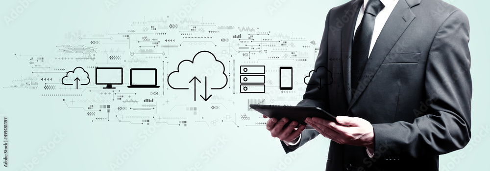 Poster cloud computing with businessman holding a tablet computer