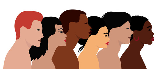 silhouette profile of people faces of different nationalities flat design, isolated, vector