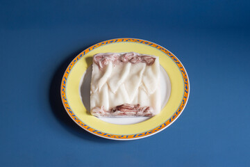 Deep-frozen clean squid in the shape of a square on a decorative plate and blue studio background....