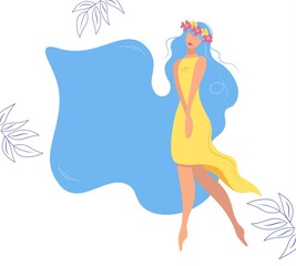 Modern banner with cute ukrainian girl and place for text. Poster with a young peaceful woman. Yellow and blue color as a symbol of the Ukrainian flag. Minimal design, flat vector template, background