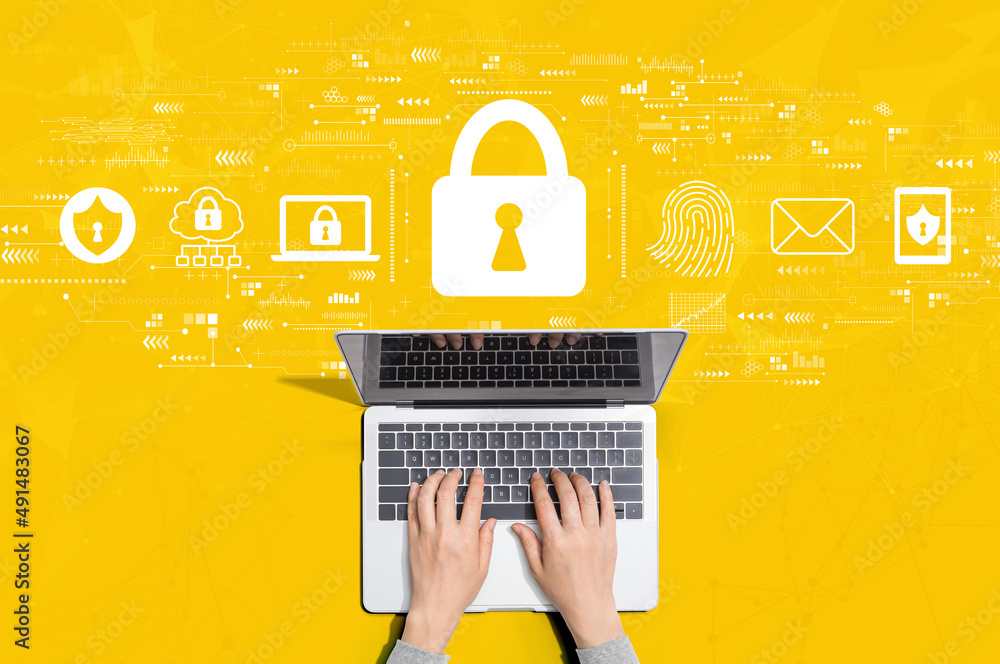 Poster internet network security concept with person using a laptop computer