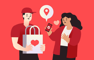 Couples give gifts to each other Buying a gift for lover in valentine's day.Men carry shopping bags to women. women glad to receive a gift from a lover.vector illustration design for banner, website