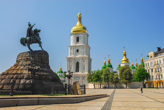 Sofievskaya square and Saint Sophia Cathedral on it, Kyiv, Ukraine may 2020