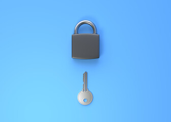 Lock and key fly on bright blue background. Security concept. 3D rendering 3D illustration