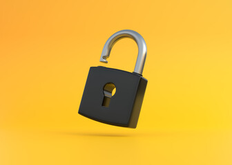 Black padlock on a yellow background. Security concept. 3D rendering 3D illustration