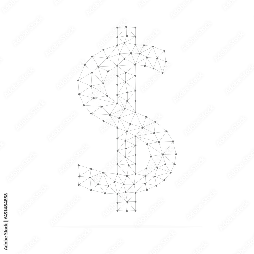 Poster dollar sign with low poly black connected dots. dollar symbol with gray triangular linear shapes. us