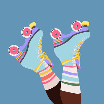 Roller skates on woman legs with long socks. Girls wearing roller skates. Hand-drawn trendy illustration of legs and rollerblades. Female legs. Pastel colour web banner design. Modern poster.