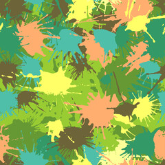 Abstract multi-color seamless chaotic pattern of paint spots. Vector texture for printing on fabric. Urban grunge background