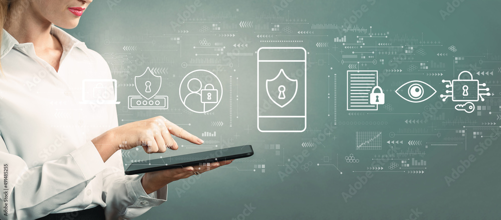 Poster data privacy concept with business woman using a tablet computer