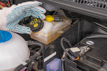 natural light. the hood is open. the master checks the liquid in the car in cotton gloves. close-up