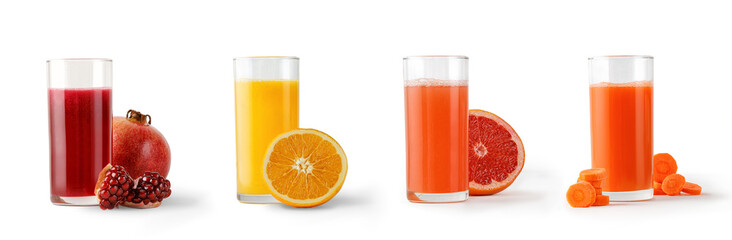 Four Freshly squeezed juices in glass on white isolated. Orange, grapefruit, pomegranate, carrot juice for menu. Mock up