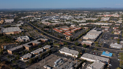 Fototapeta na wymiar Late afternoon aerial view of the urban downtown core of Roseville, California, USA.