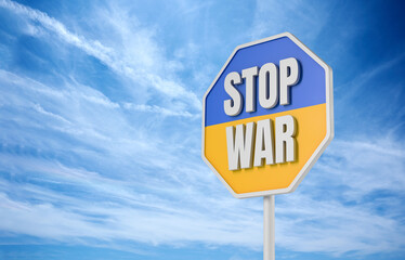 Ukraine war stop sign, over cloudy sky, with copy space