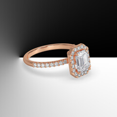 rose gold halo engagement ring with emerald cut center stone and side stones on shank 3d render