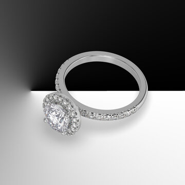 white gold halo engagement ring with round center stone and side stones on shank 3d render