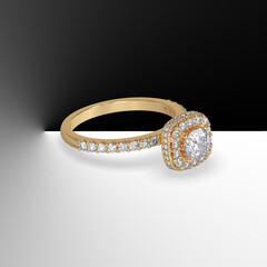 yellow gold halo engagement ring with cushion cut center stone and side stones on shank 3d render