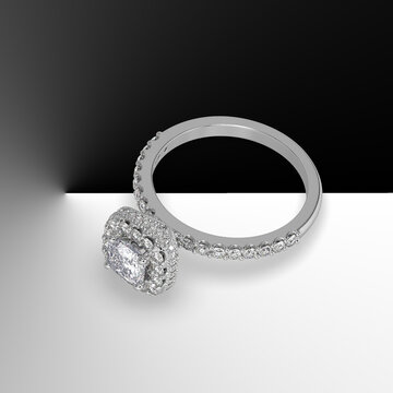 white gold halo engagement ring with cushion cut center stone and side stones on shank 3d render