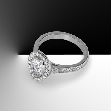 pear diamond bezel set cathedral style with side stones in white gold 3d render