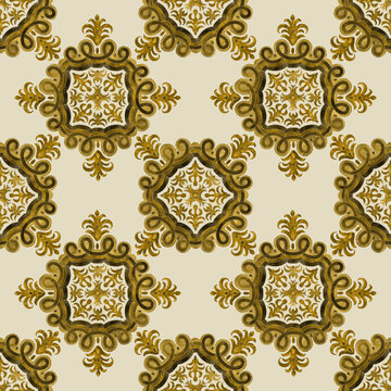 Watercolor Painted Golden Floral Damask Seamless Pattern On A Beige Background. Tile With Hand Drawn Gold Scrolls, Leaves And Branches