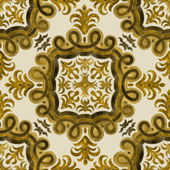 Watercolor painted golden floral damask seamless pattern on a beige background. Tile with hand drawn gold scrolls, leaves and branches - 491486809