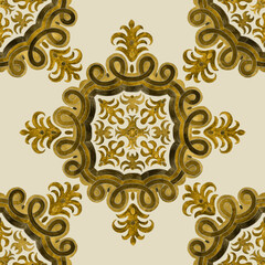 Watercolor painted golden floral damask seamless pattern on a beige background. Tile with hand drawn gold scrolls, leaves and branches