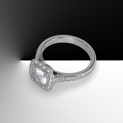 cushion cut center diamond with cathedral shank pave set stones 3d render