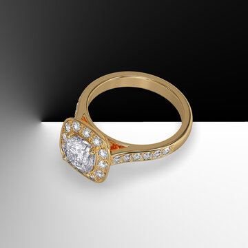 cushion cut center diamond with cathedral shank pave set stones 3d render