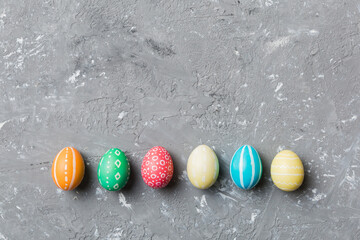 holiday preparation Multi colors Easter eggs on colored background . Pastel color Easter eggs. holiday concept with copy space