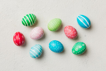 holiday preparation Multi colors Easter eggs on colored background . Pastel color Easter eggs. holiday concept with copy space