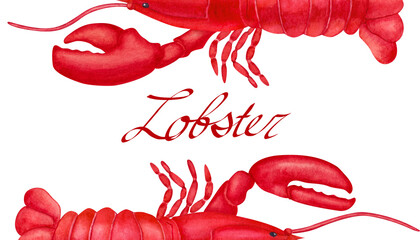 Watercolor seafood lobster banner with lettering for social media or site isolated on white background
