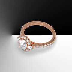 oval diamond cathedral engagement ring with side stones on shank 3d render